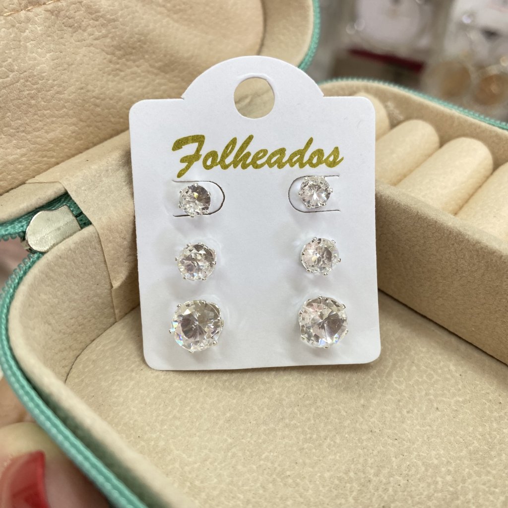 Trio de brincos folheado prata ponto de luz ✨