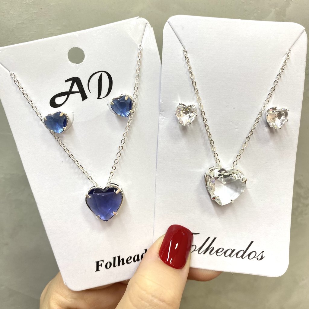 Conjunto de colar e brinco prata folheado pedra de coração 🤍💙
