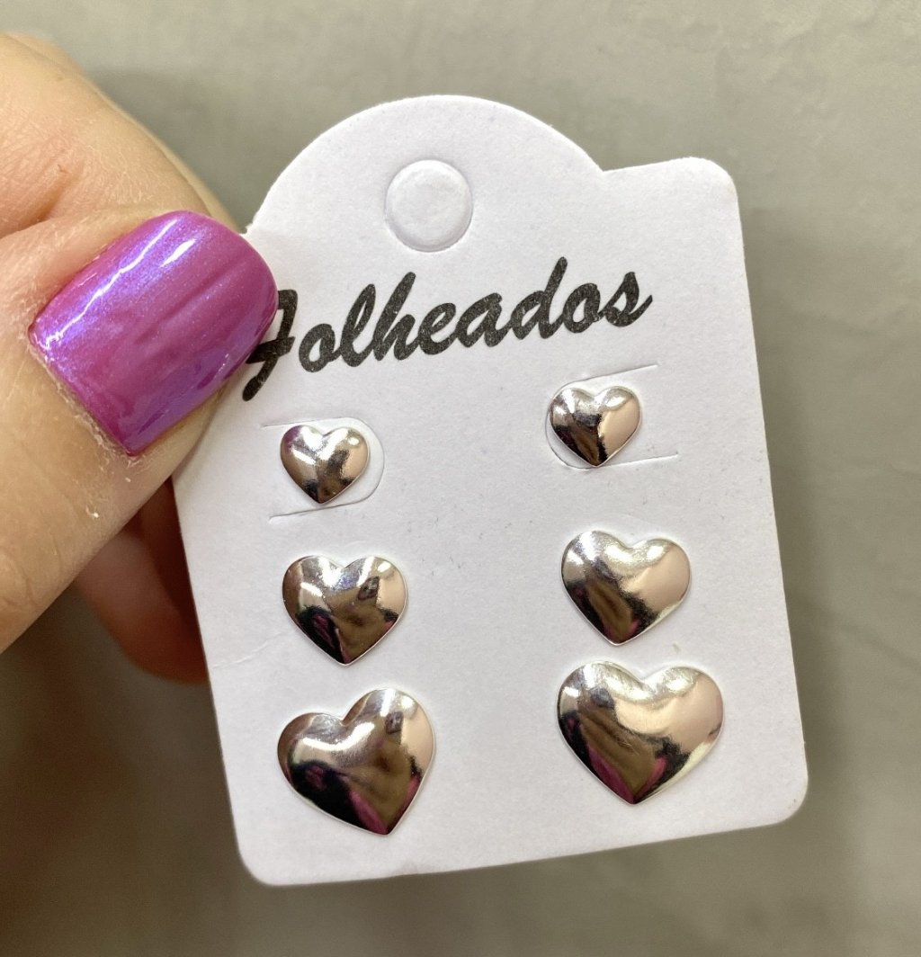 Trio de brincos prata folheado 3 coração liso ✨