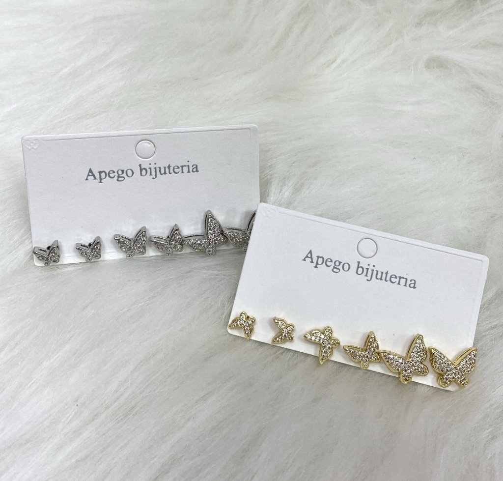 Trio de brincos borboleta cravejado folheado 🦋