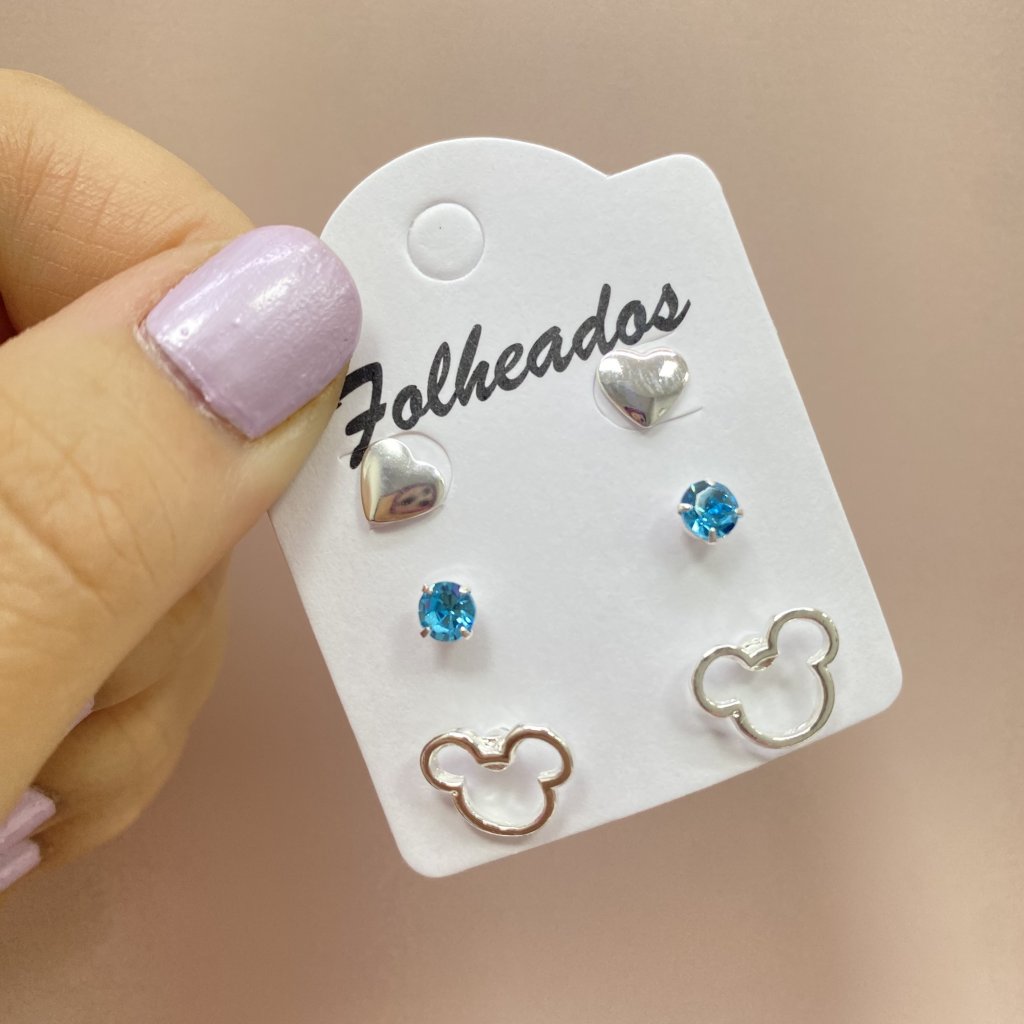 Trio de brinco prata folheado coração, ponto de luz azul e mickey ✨
