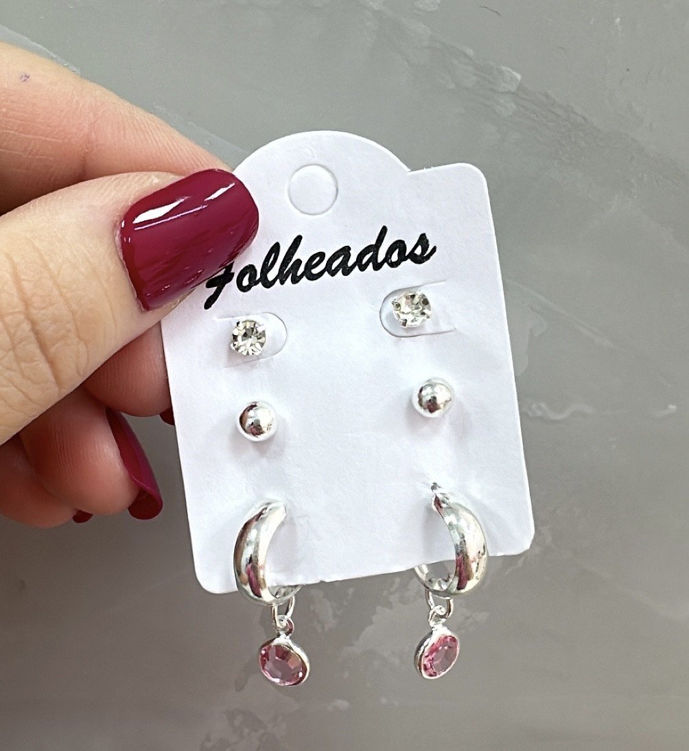 Trio de brincos prata folheado mini ponto de luz, bolinha e argola c/ ponto de luz rosa ✨