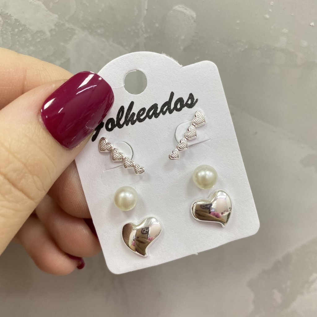 Trio de brincos prata folheada earcuf coração, pérola e coração ✨
