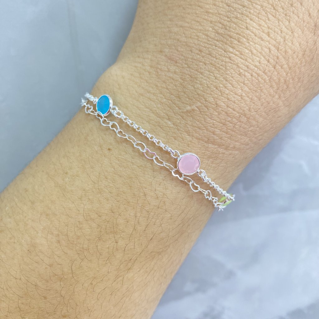 Pulseira duo prata folheada fio coração e ponto de luz colorido ✨