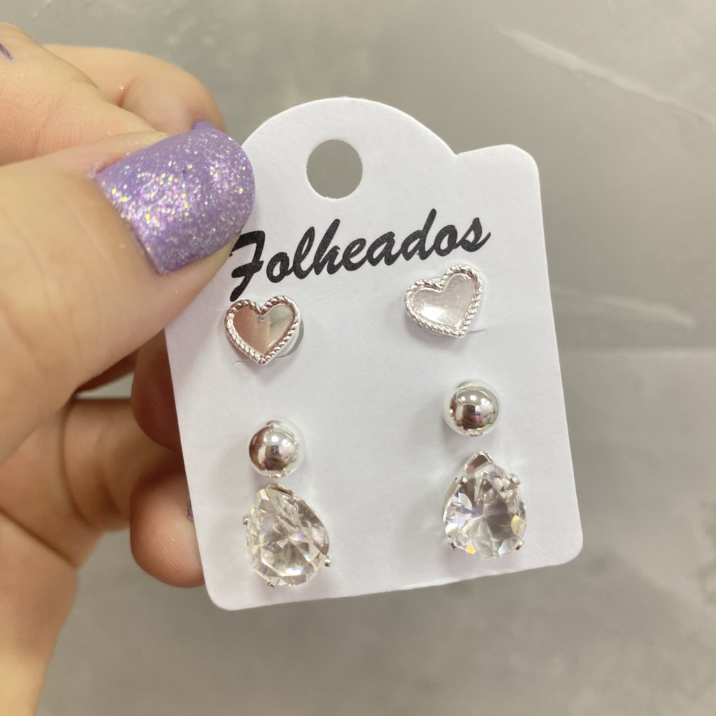Trio de brincos prata folheado coração, bolinha e ponto de luz gota ✨