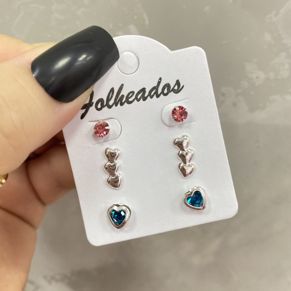 Trio De Brincos Prata Folheada Ponto De Luz Rosa, Trio Coração E Coração Azul ✨
