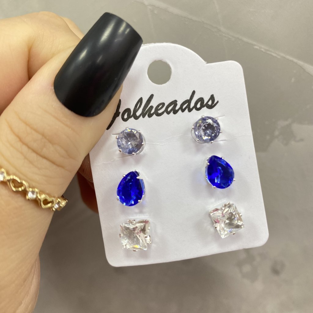 Trio De Brincos Prata Folheado Ponto De Luz Lilás, Gota Azul E Ponto De Luz Quadrado ✨