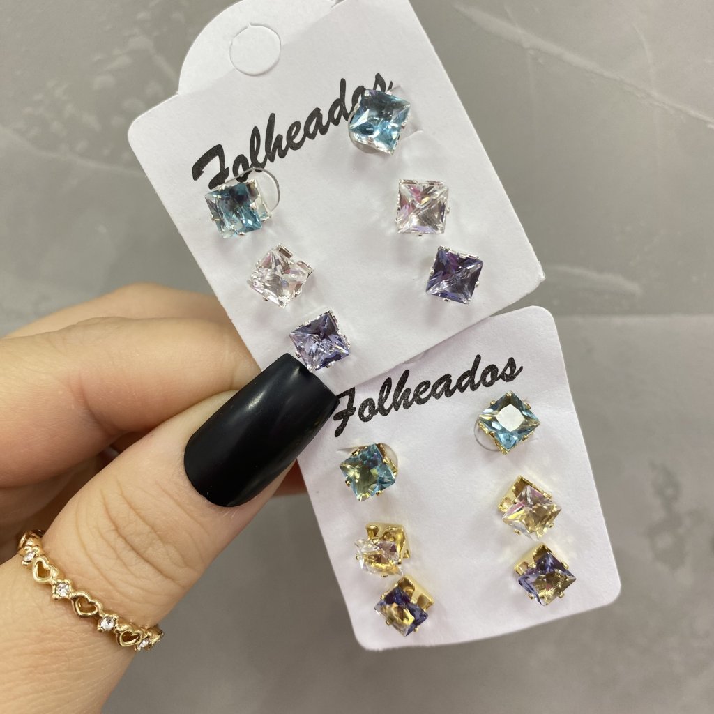 Trio De Brincos Ponto De Luz Quadrado Azul, Branco E Lilás ✨