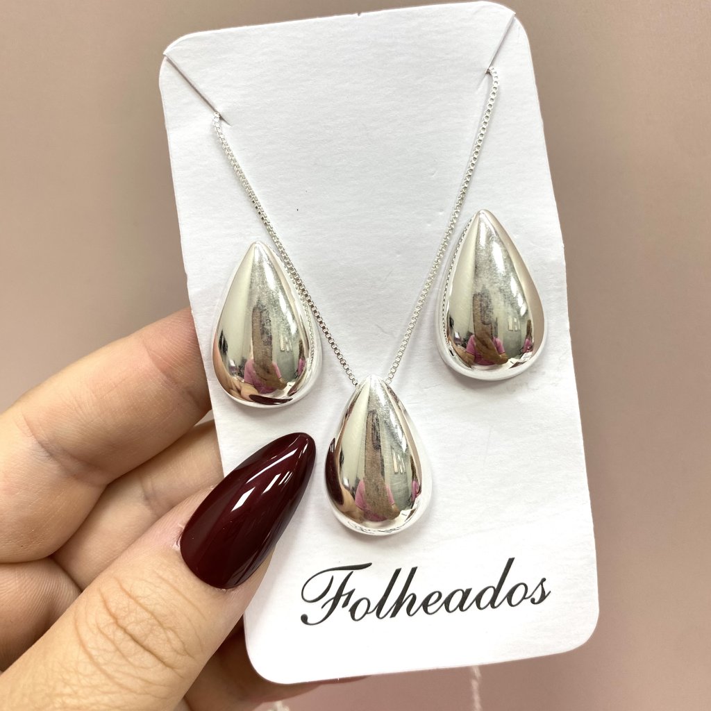 Conjunto colar e brinco prata folhado Gota 💧 ✨