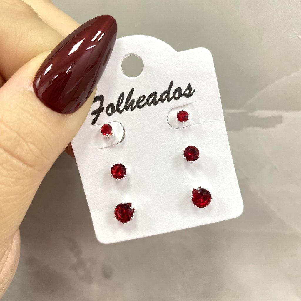 Trio de brincos prata folheado ponto de luz pequenos vermelho ✨