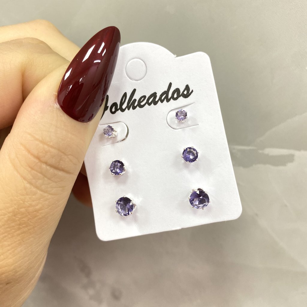 Trio de brincos prata folheado ponto de luz pequenos lilás ✨
