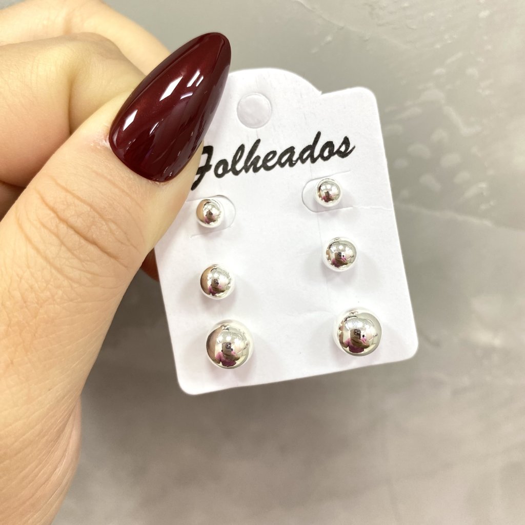 Trio de brincos prata folheado bolinha pequeno, médio e grande ✨