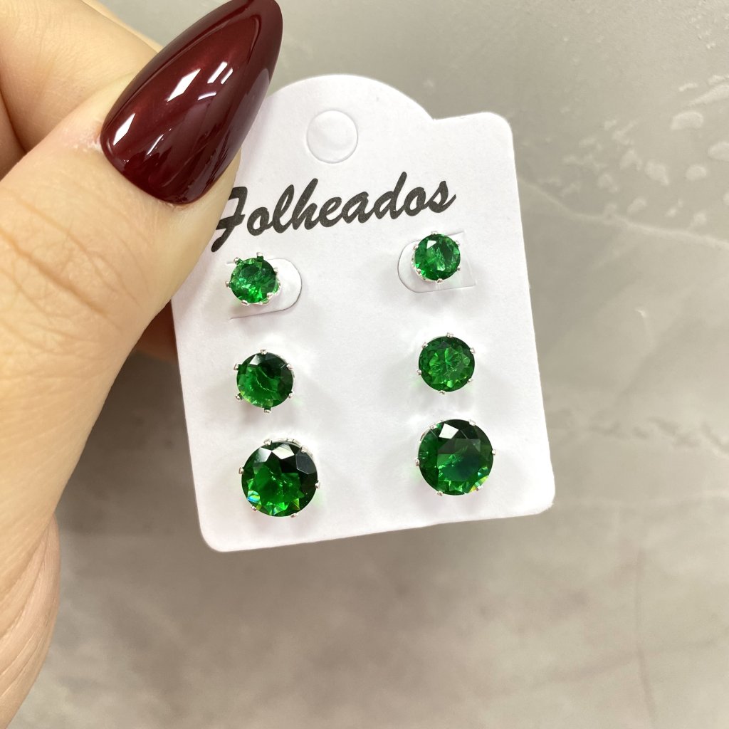Trio de brincos prata folheado ponto de luz redondo verde esmeralda ✨
