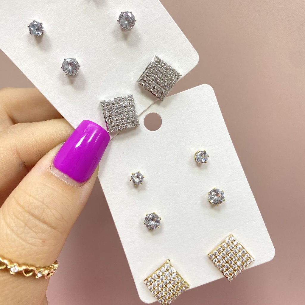 Trio de brinco Bijoux fina Modelo quadrado cravejado ✨