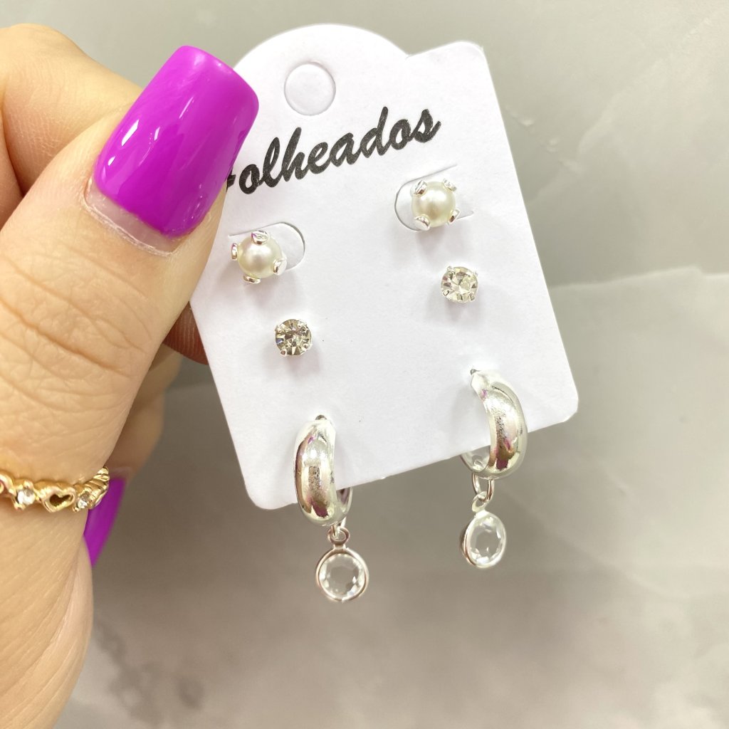 Trio de brincos prata folheado pérola, mini ponto de luz e argola ponto de luz branca ✨