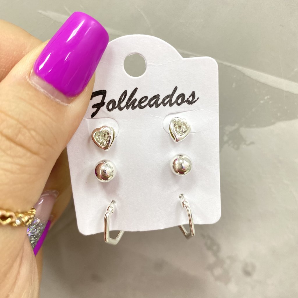 Trio de brincos prata folheado coração, bolinha e argola fina ✨
