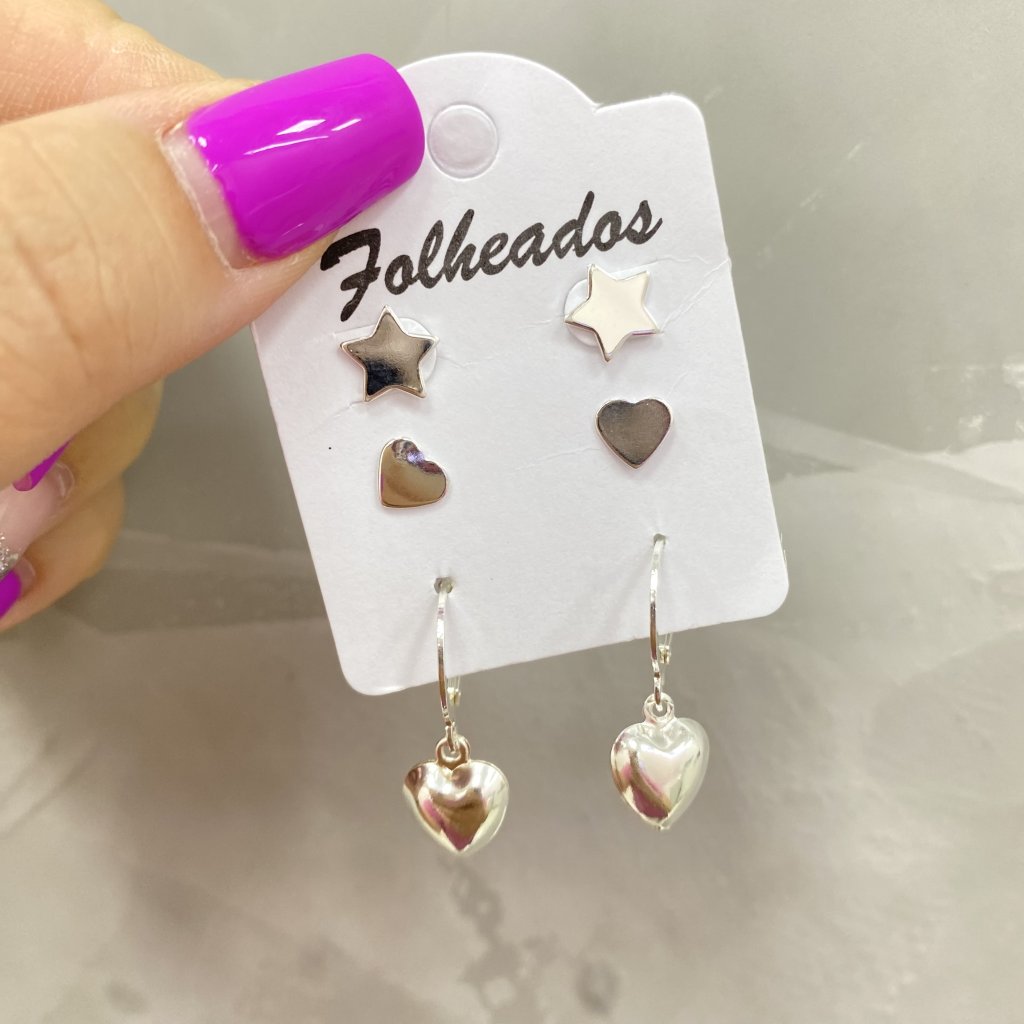Trio de brincos prata folheado estrela, coração e argola coração pendurado ✨