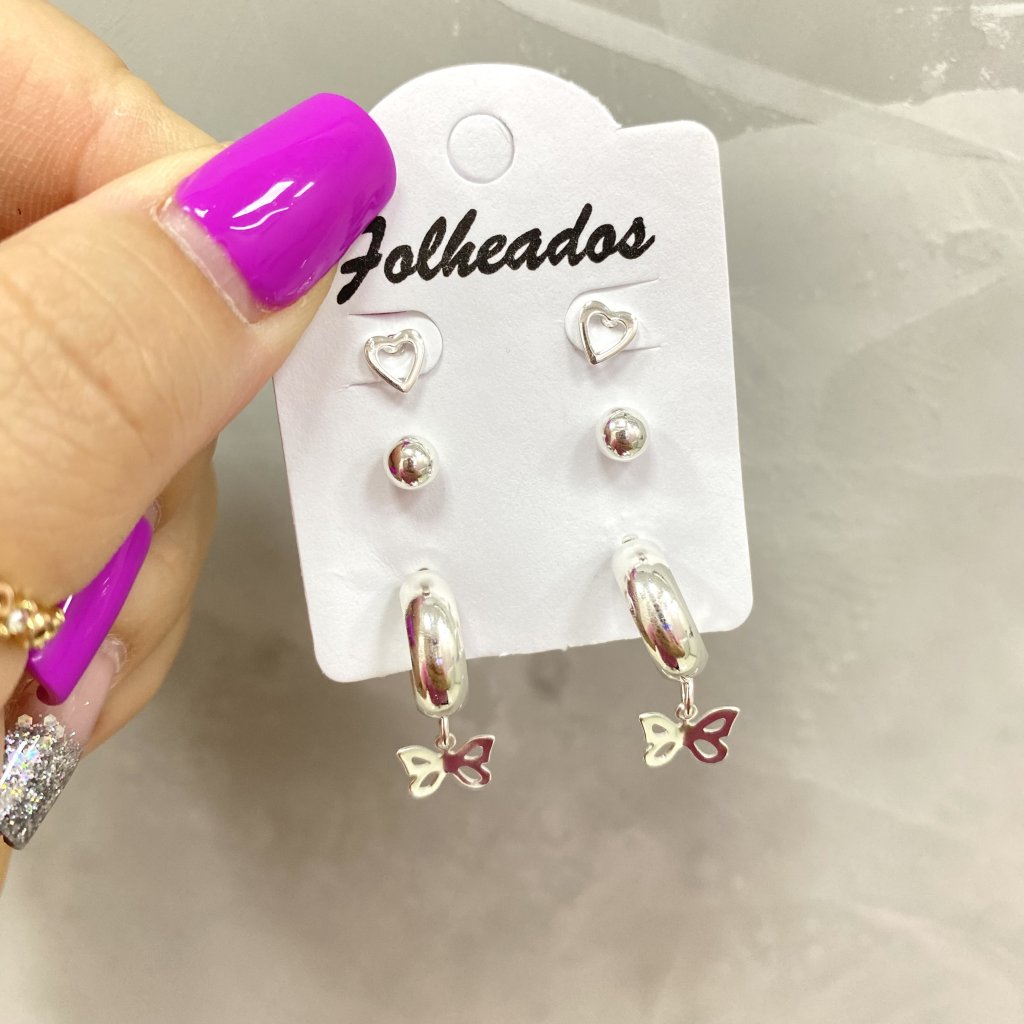 Trio de brincos prata folheado coração, mini bolinha e argola borboleta 🦋 