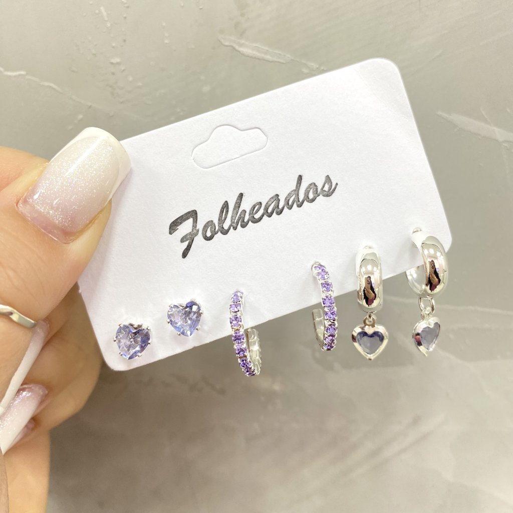 Trio de brincos folheado coração, argola crevejada, argola e coração (Lilás) ✨