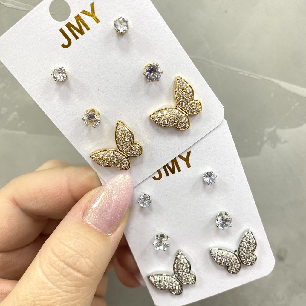 Trio de brincos Bijoux fina ponto de luz e borboleta cravejada ✨