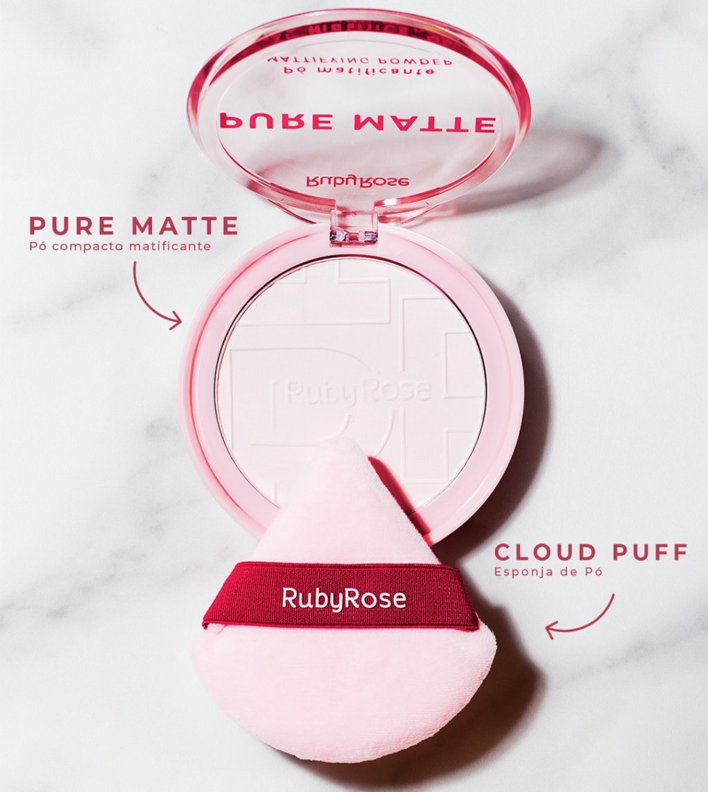 Pó Compacto Matificante Pure Matte + Esponja de pó Cloud Puff • Linha Rosa • - Ruby Rose PC0078
