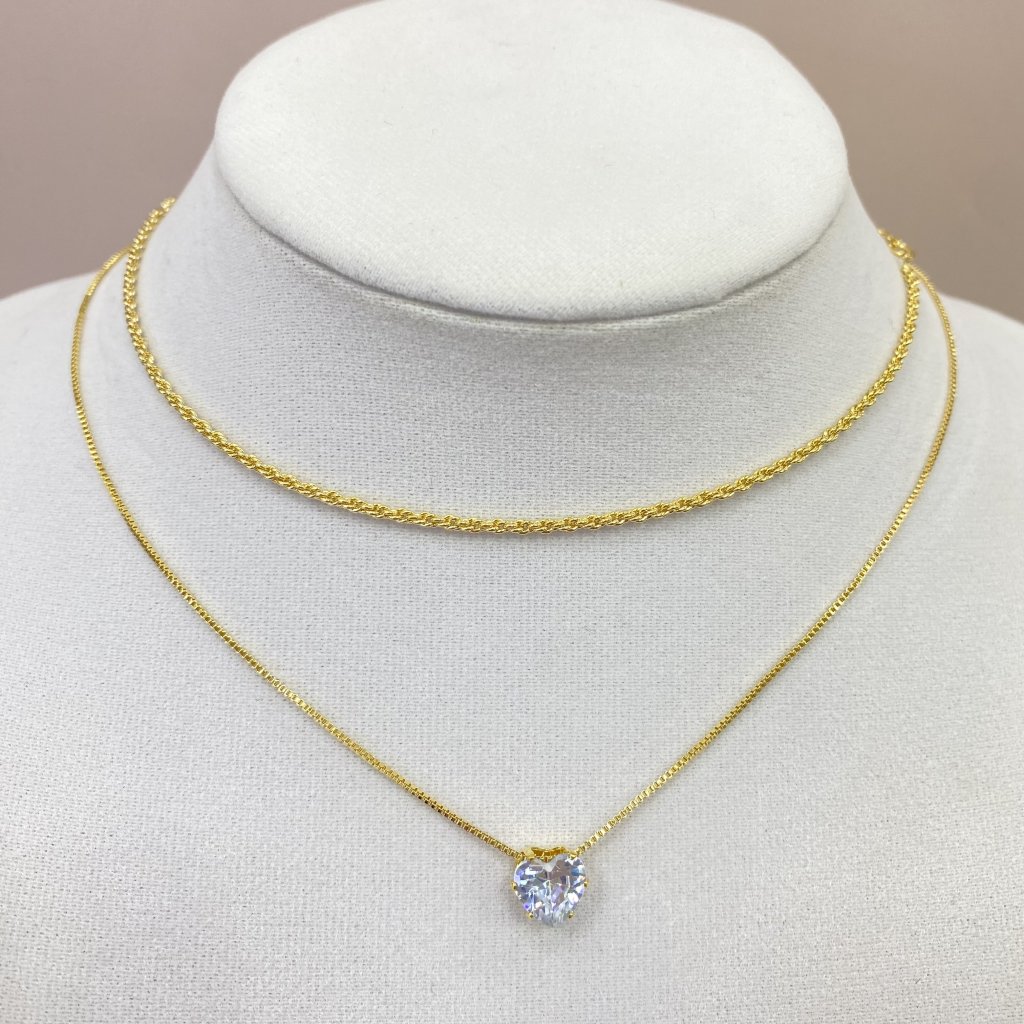 Colar duo dourado folheado fio detalhado e coração ✨