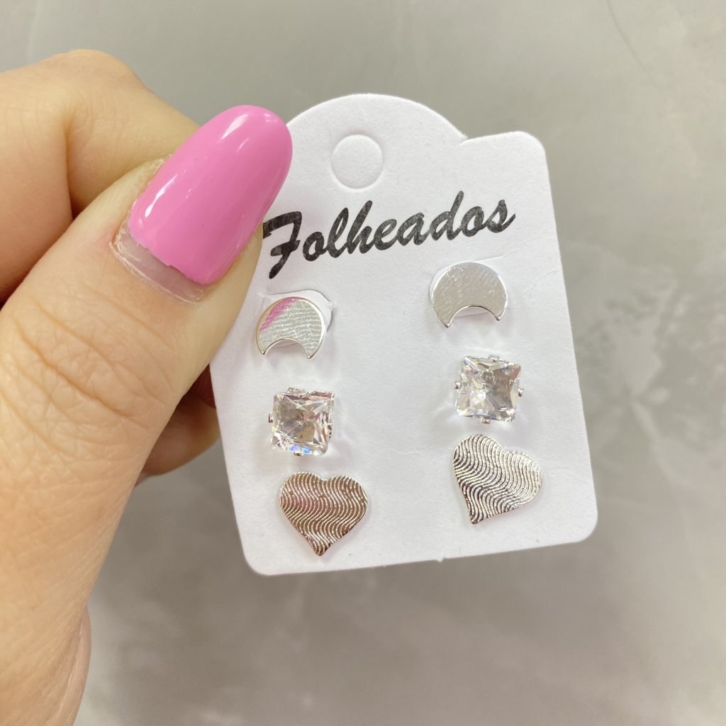 Trio de brincos prata folheado lua, coração detalhado s ponto de luz quadrado ✨