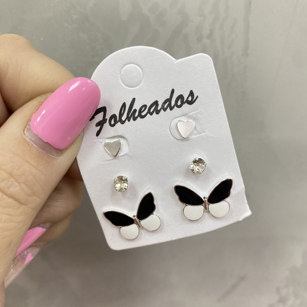 Trio de brincos prata folheado coração mini ponto de luz e borboleta prata e branca ✨