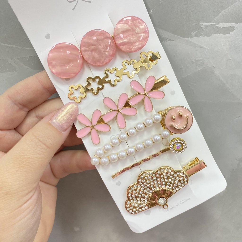 Kit 6 presilhas decorada em metal dourado (Cor rosa) ✨