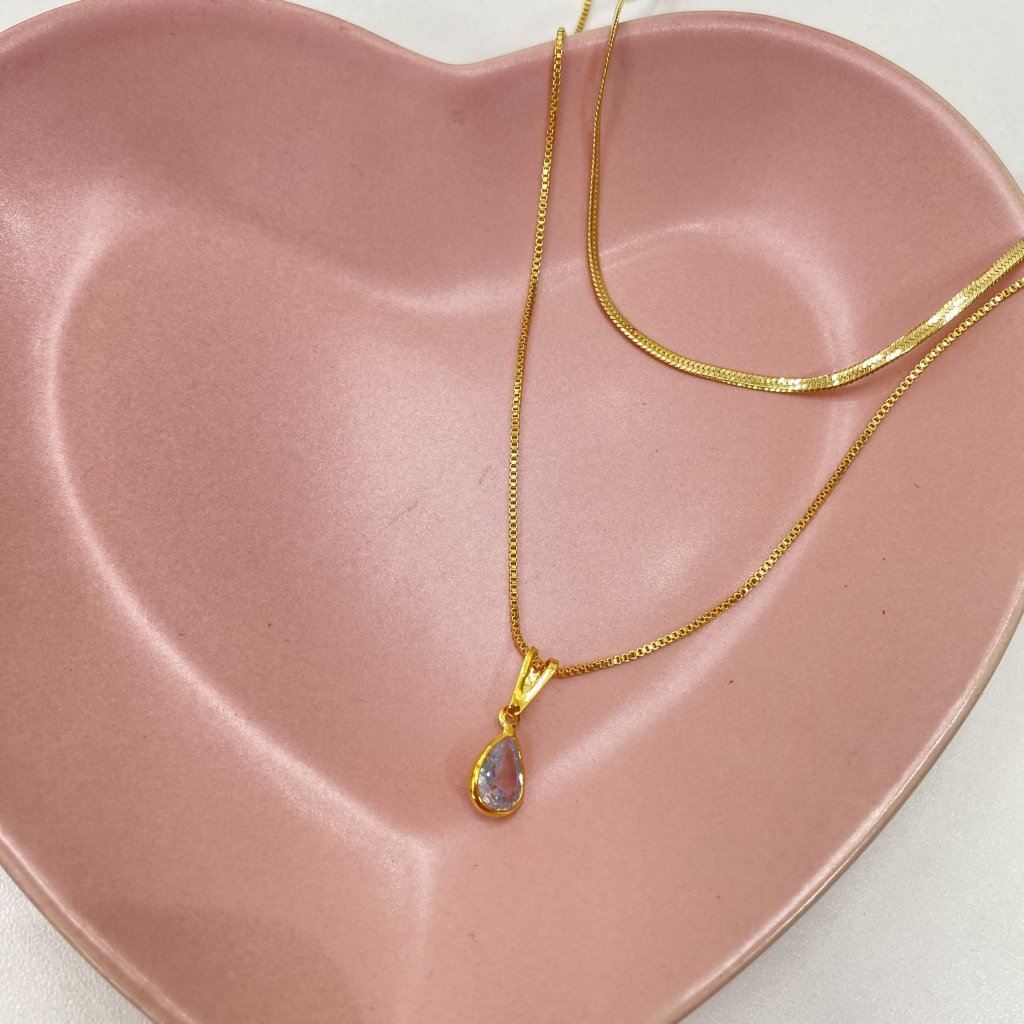 Colar duo dourado folheado fio cobra e ponto de luz gota ✨