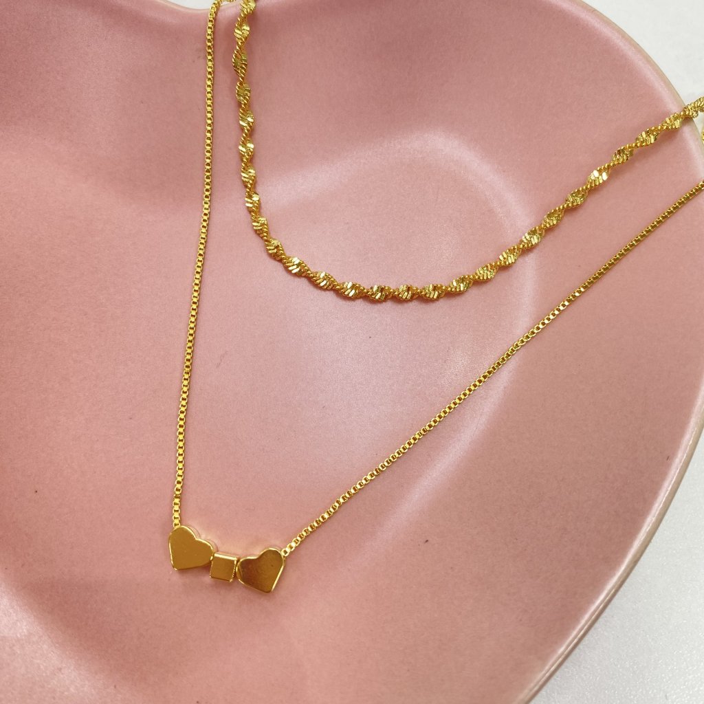 Colar duo dourado folheado fio corda e pingente de coração ✨