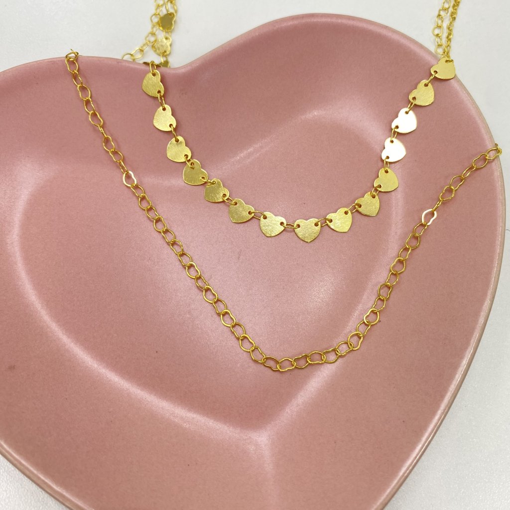 Colar duo dourado folheado fio coração e fio elos corações ✨