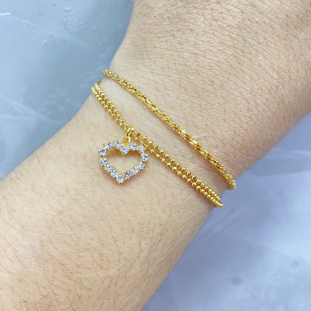 Pulseira dourado folheado trio e coração cravejado ✨