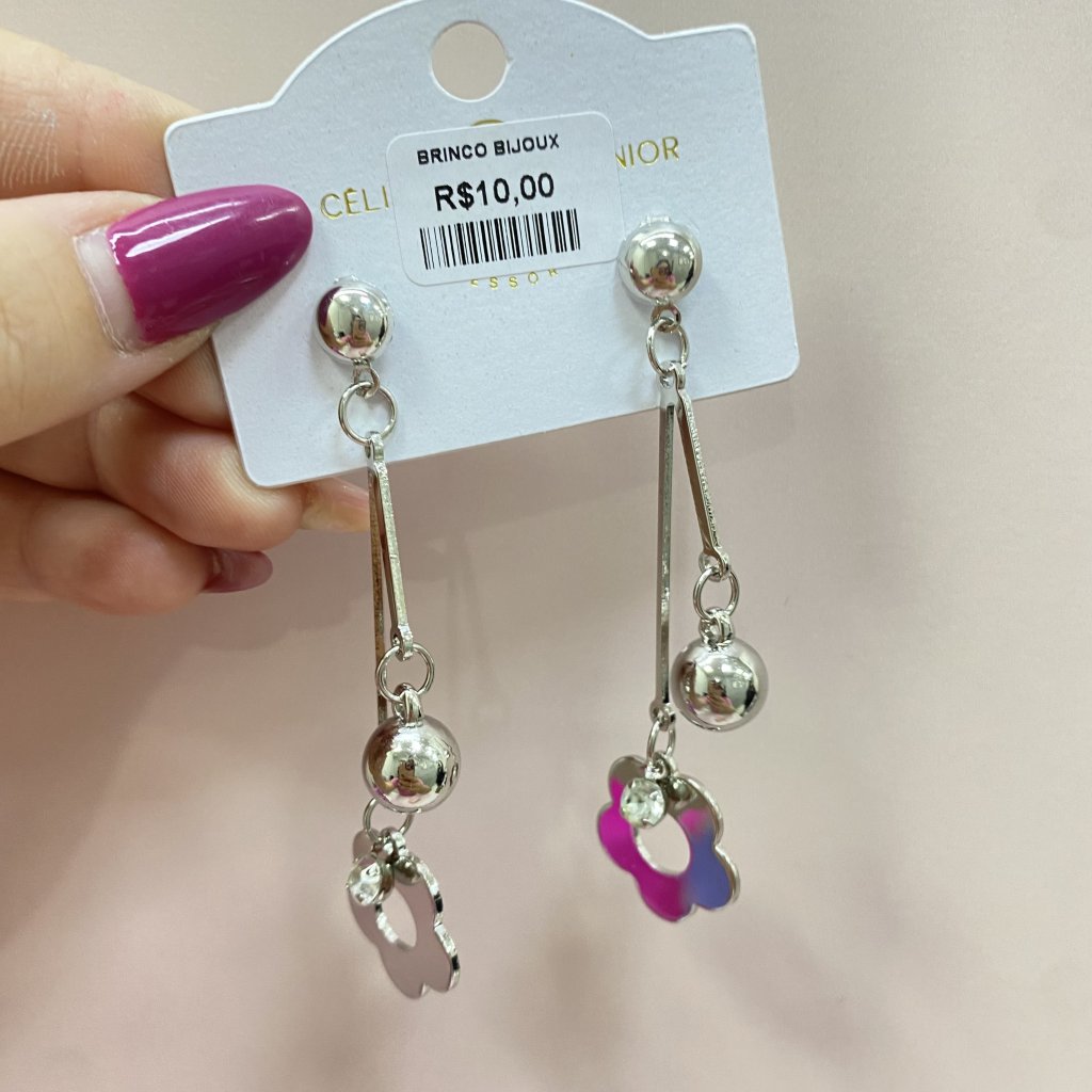 Brinco Bijoux fina modelo pendurado flor e bolinha média ✨
