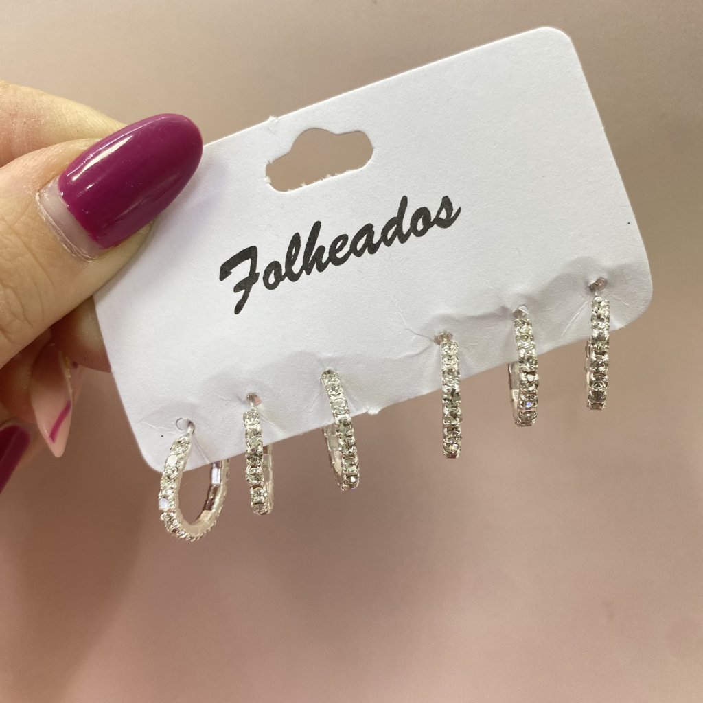 Trio de argolas prata folheado cravejado tamanho pequeno ✨