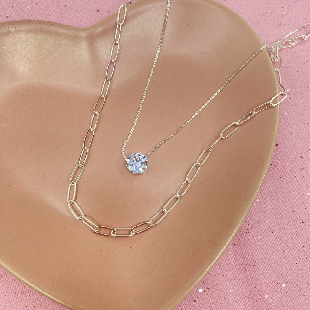 Colar duo prata folheado fio elos médio e ponto de luz ✨