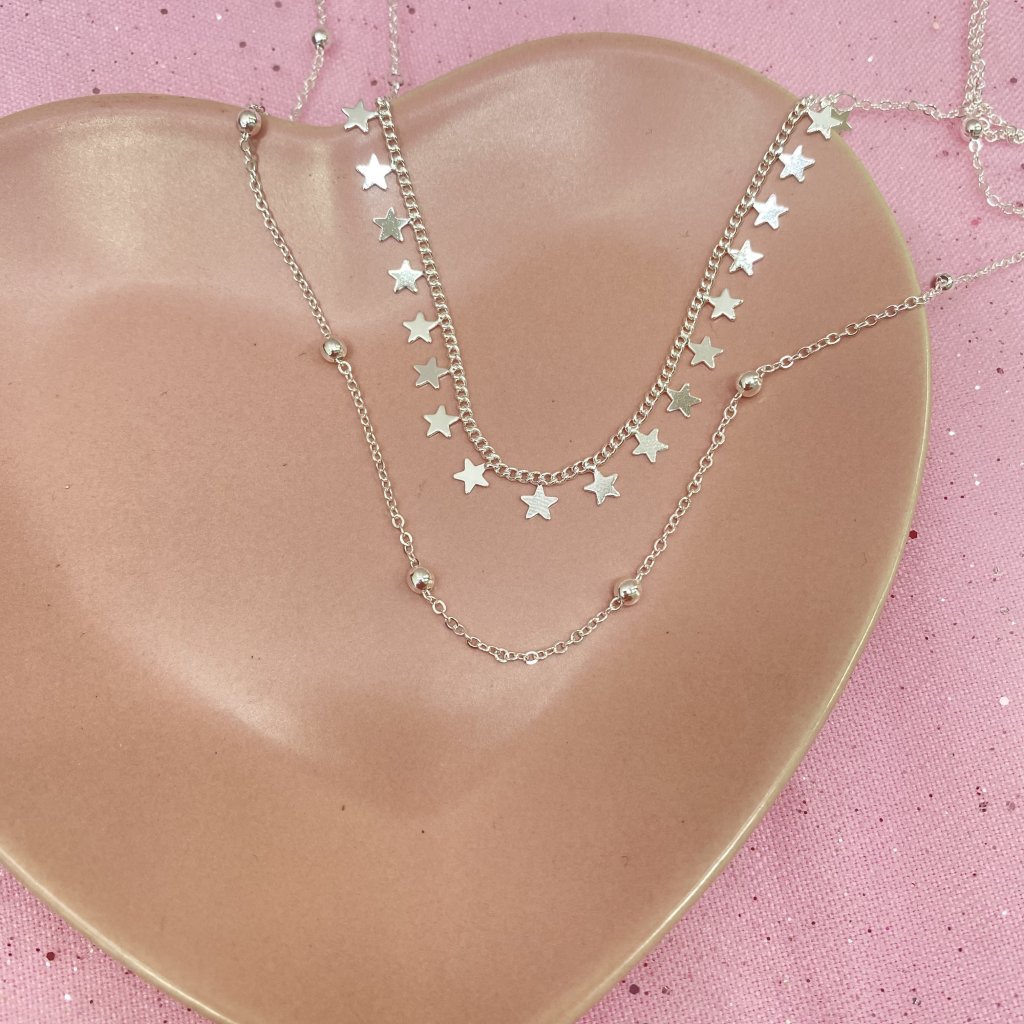 Colar duo prata folheado fio estrelas e mini bolinhas ✨