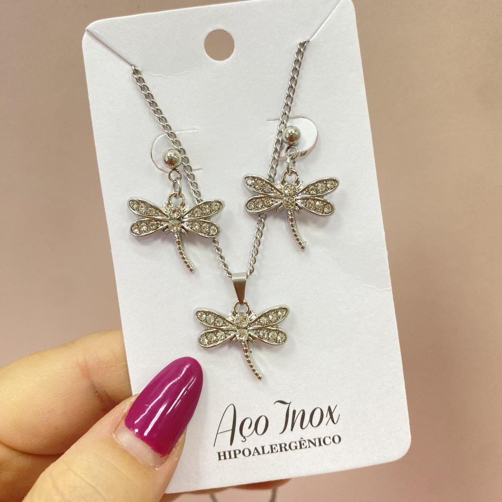 Conjunto em aço inox colar e brinco Mariposa cravejada ✨