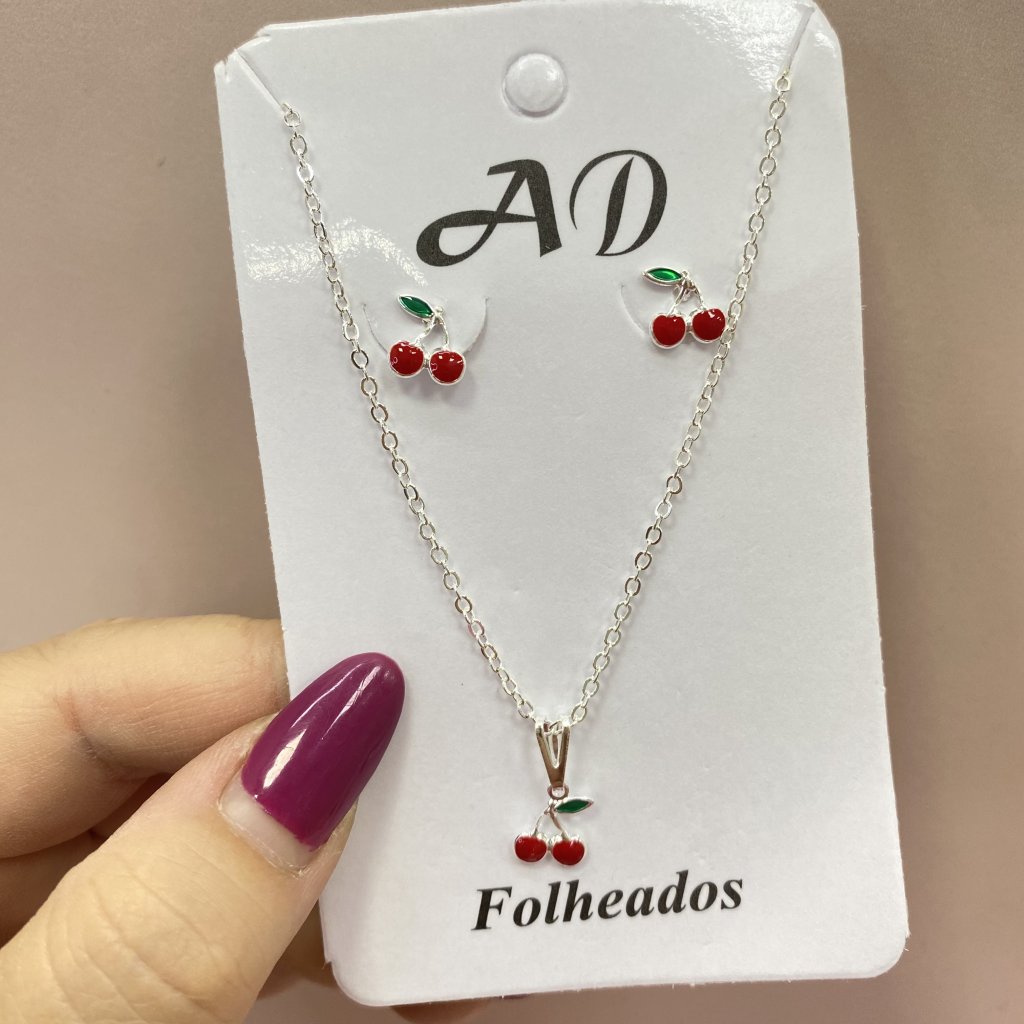 Conjunto folheado colar e brinco mini cereja 🍒 