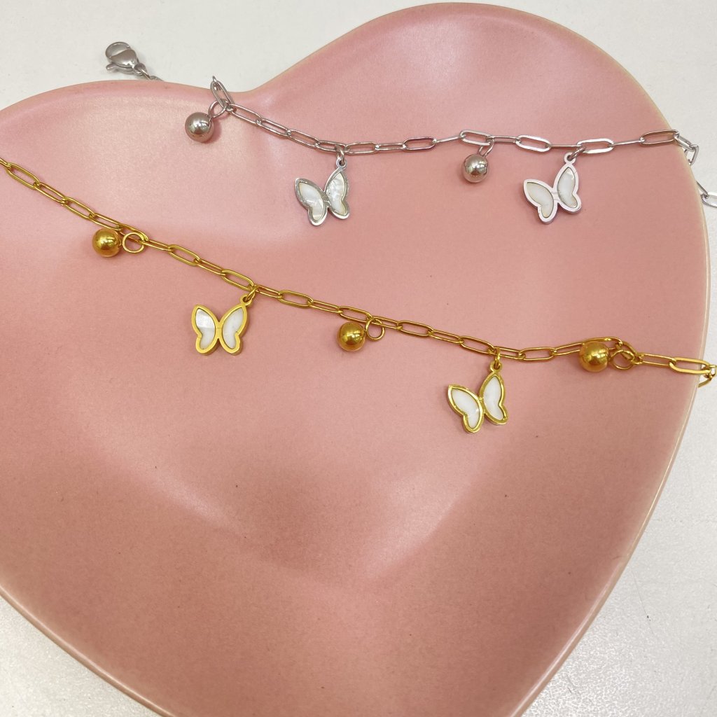 Pulseira em aço inox modelo borboleta e bolinha  - Dafu 