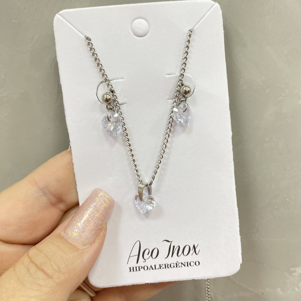 Conjunto colar e brinco em aço inox pedrinha coração ✨