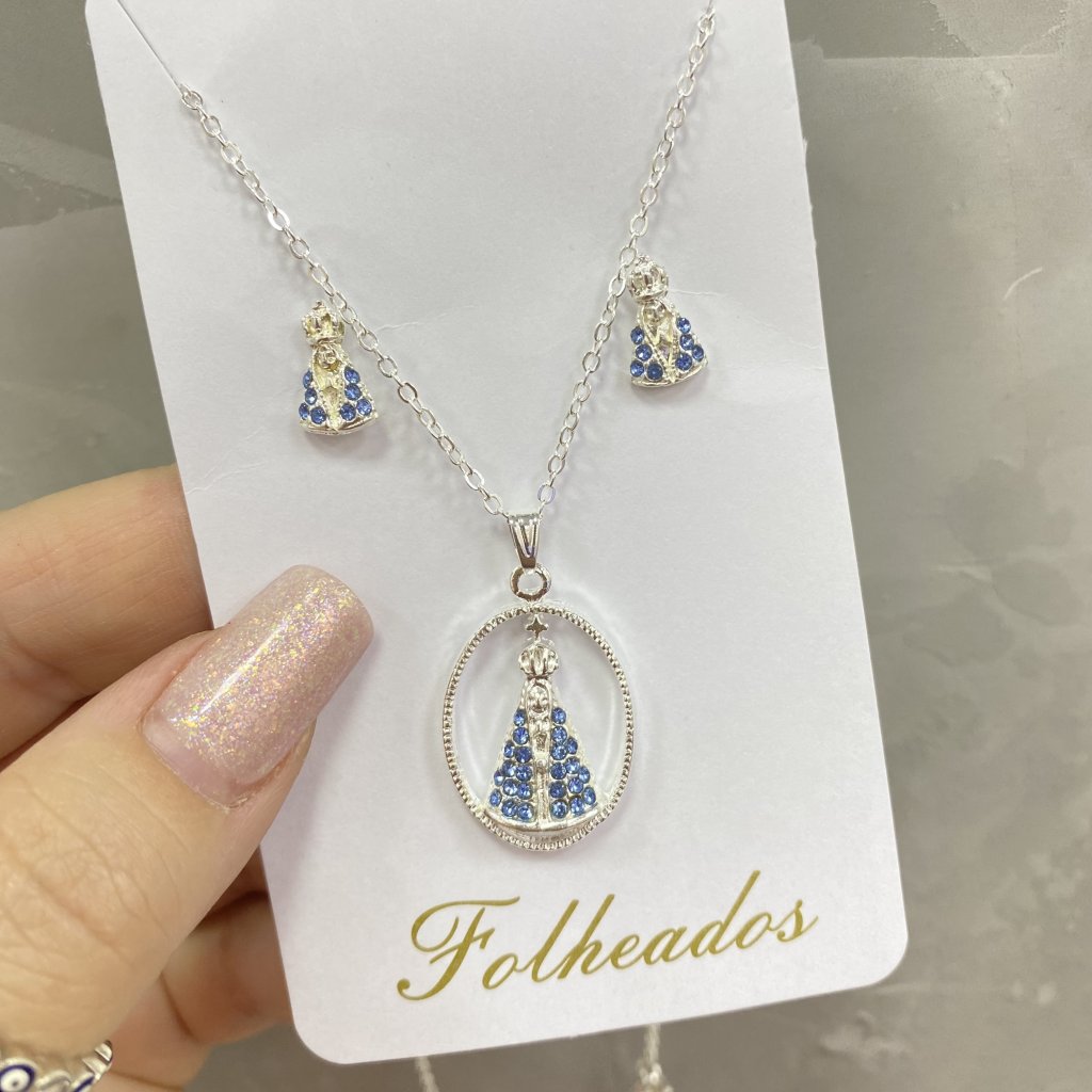 Conjunto colar e brinco prata folheado nossa senhora de aparecida ✨