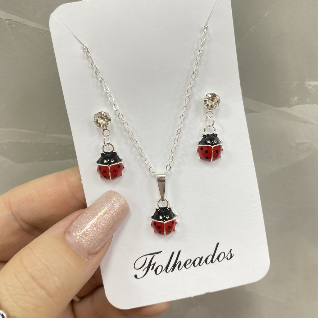 Conjunto colar e brinco prata folheado joaninha 🐞 
