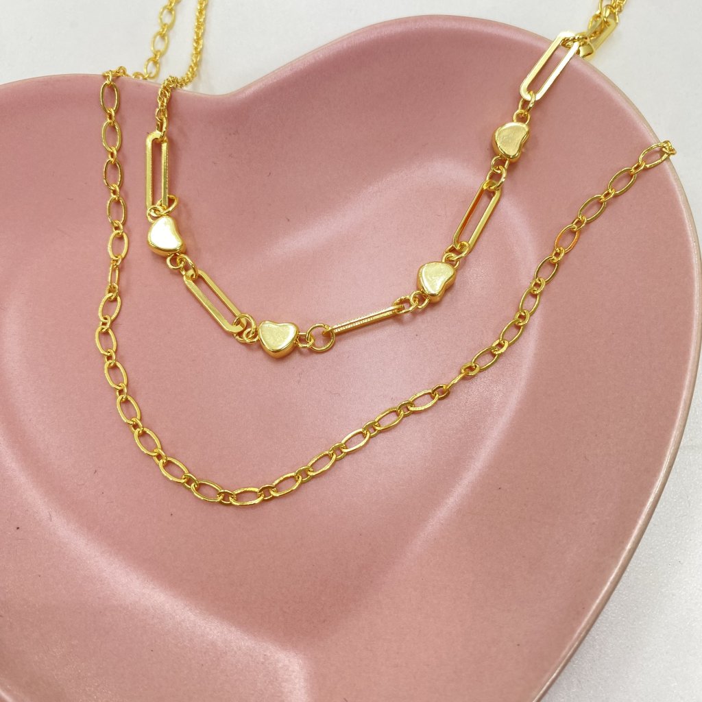 Colar duo dourado folheado elos detalhado e coração fio mini elos ✨