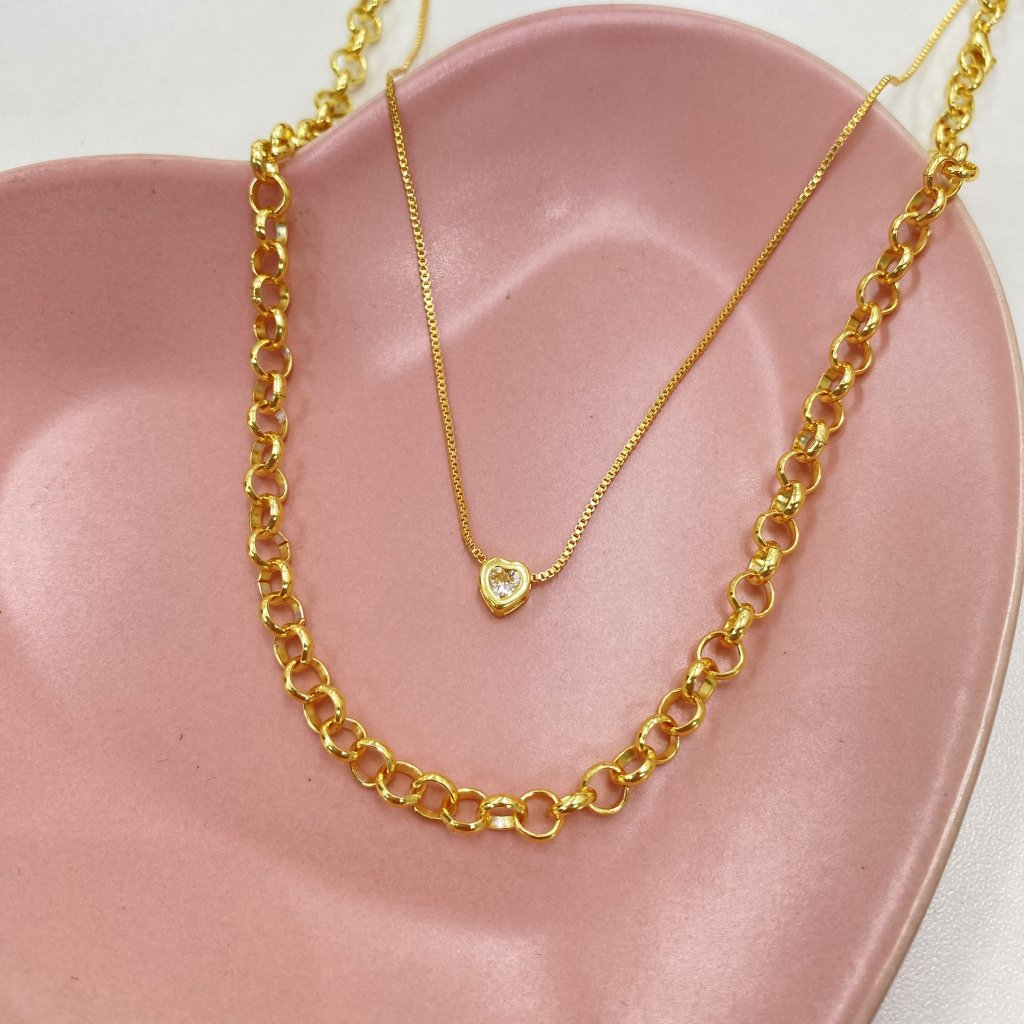 Colar duo dourado folheado corrente minu elos redondo e mini coração ✨