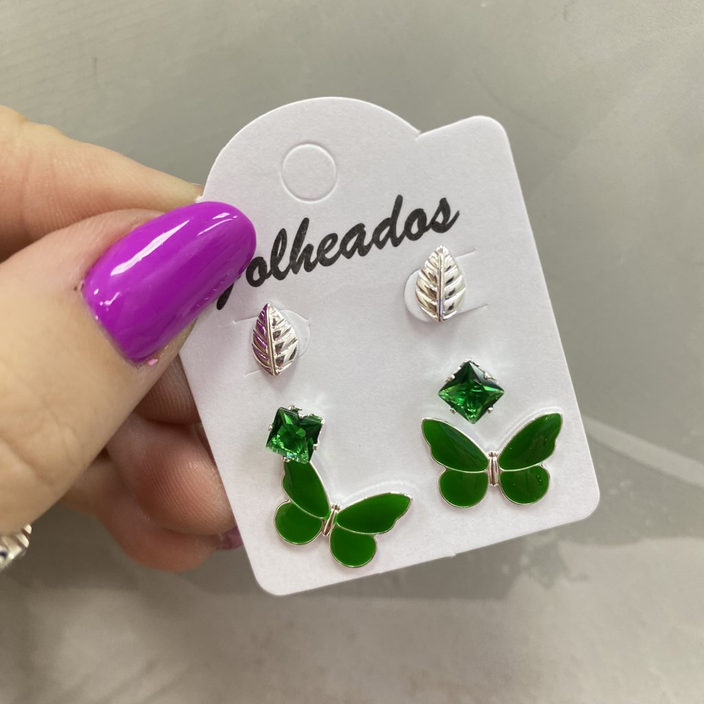 Trio de brincos prata folheado folha, ponto de luz quadrado verde e borboleta 🦋 ✨