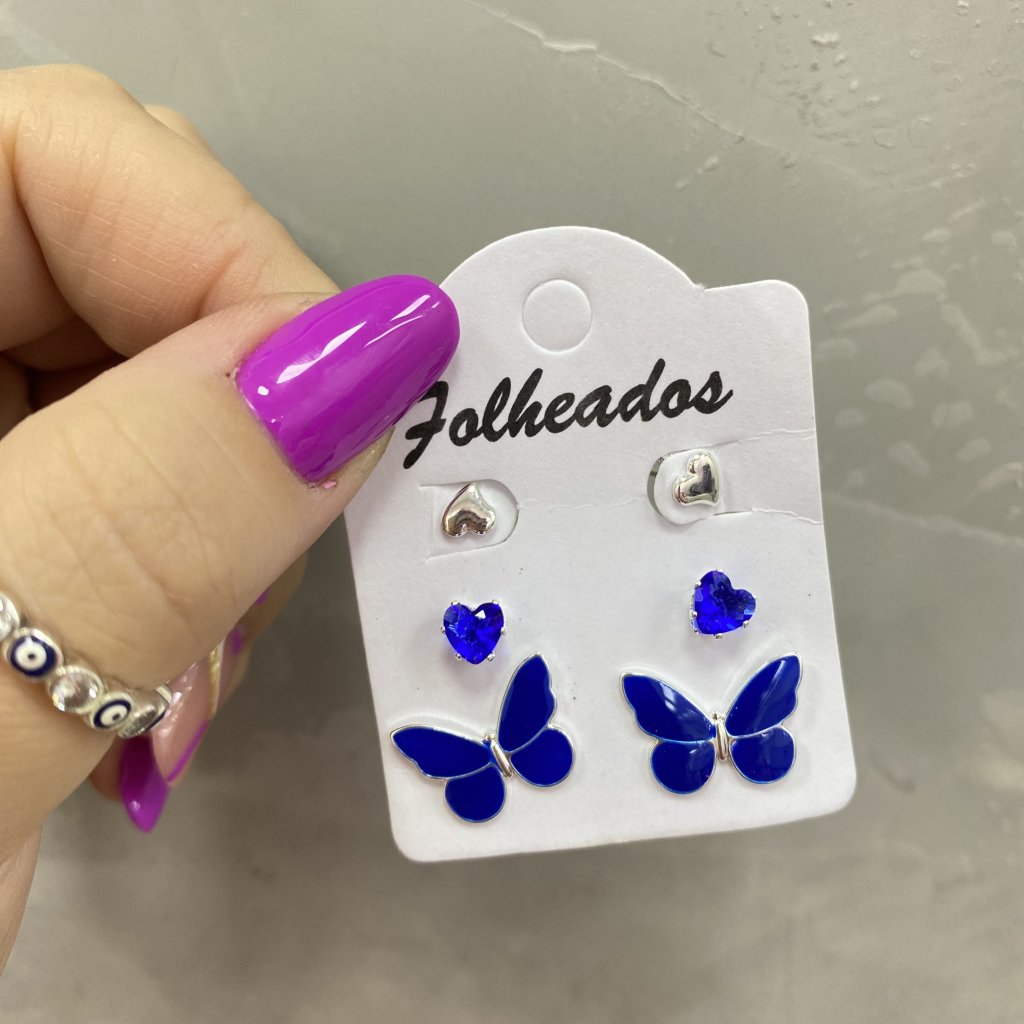 Trio de brincos prata folheado mini coração, coração azul e borboleta azul 🦋 