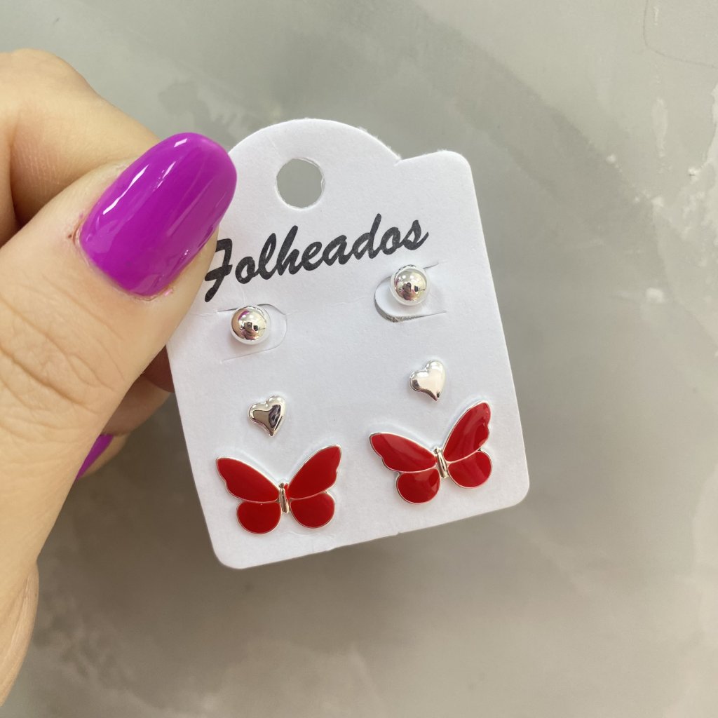 Trio de brincos prata folheado mini bolinha e coração, borboleta vermelha ✨