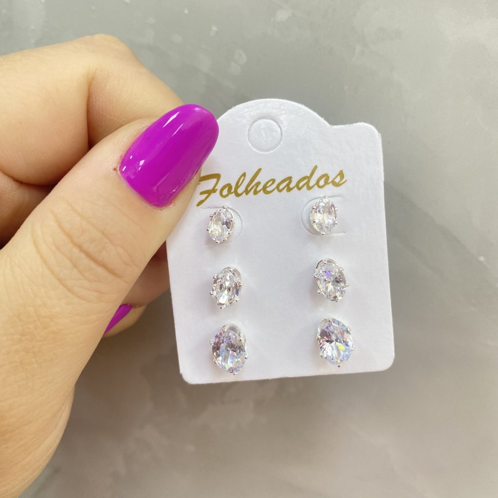 Trio de brincos prata folheado ponto de luz oval ✨