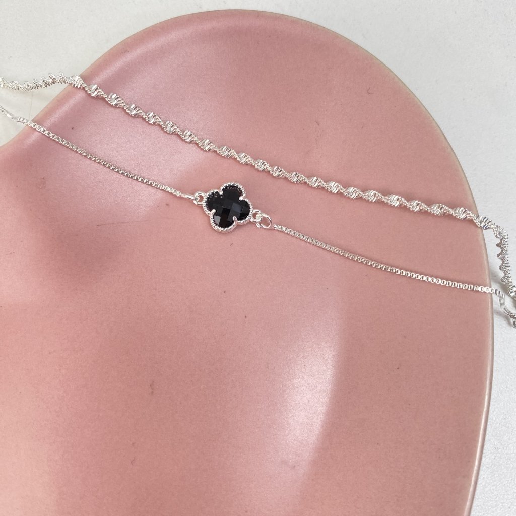 Pulseira duo prata folheada Fio torcido e flor da sorte preto ✨